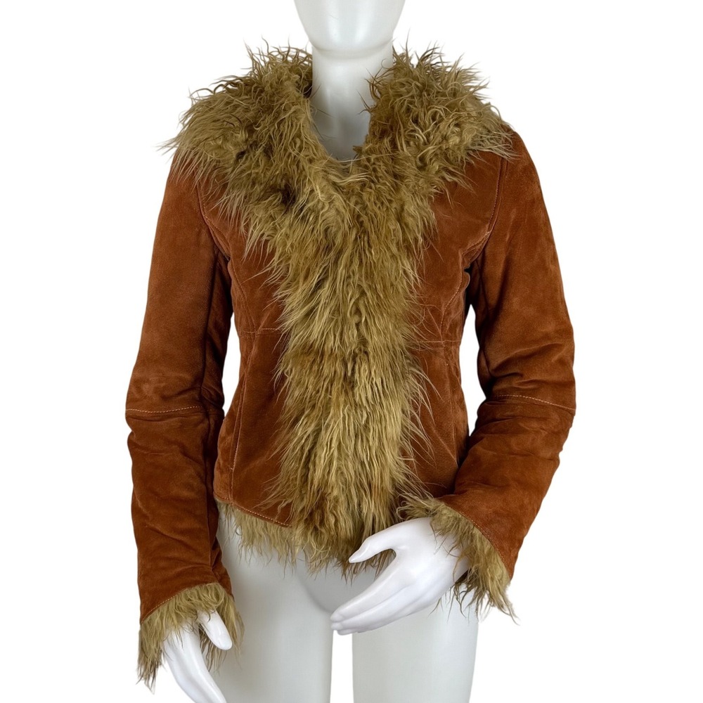 Y2K Real Suede Leather FAUX Fur Trim Afghan Jacket XS Penny Lane Boho SEE FLAWS